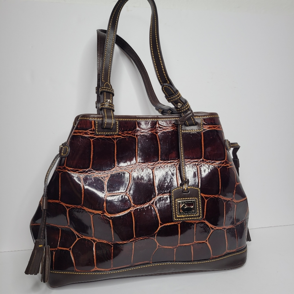 Dooney & Bourke Cognac Croc Embossed Leather Tassel Tote Bag
